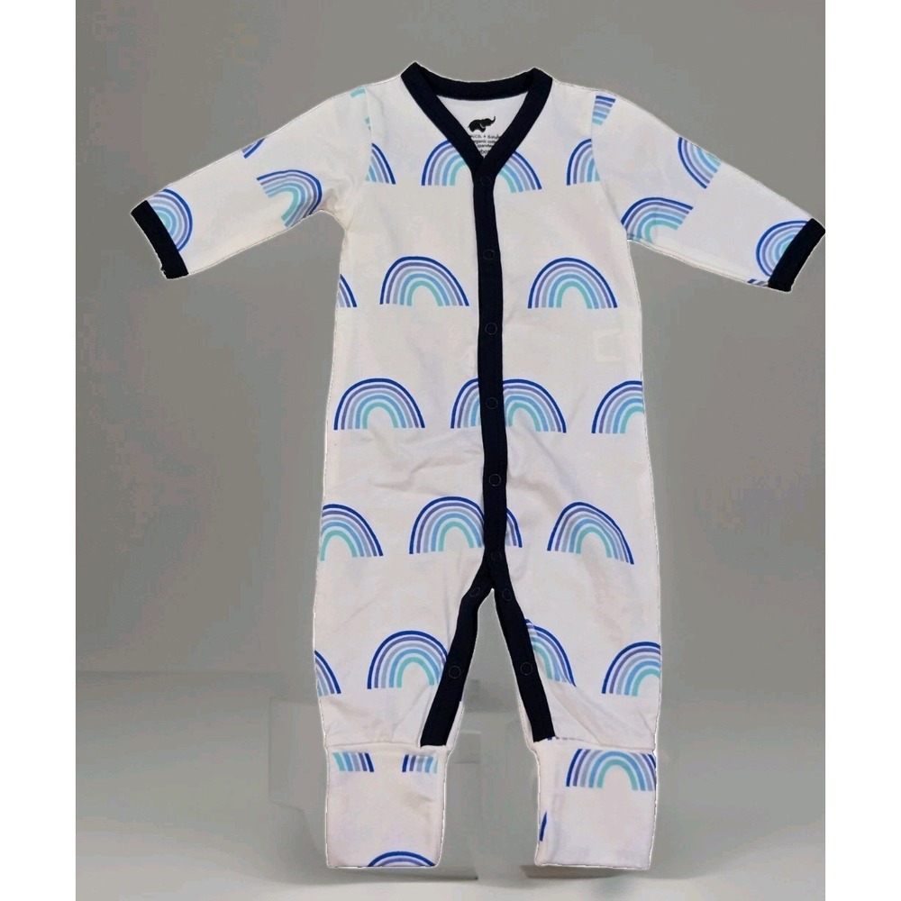 Monica and Andy Baby Romper – Blue Rainbow Print Snap-Up Coverall‎ Newborn EUC
